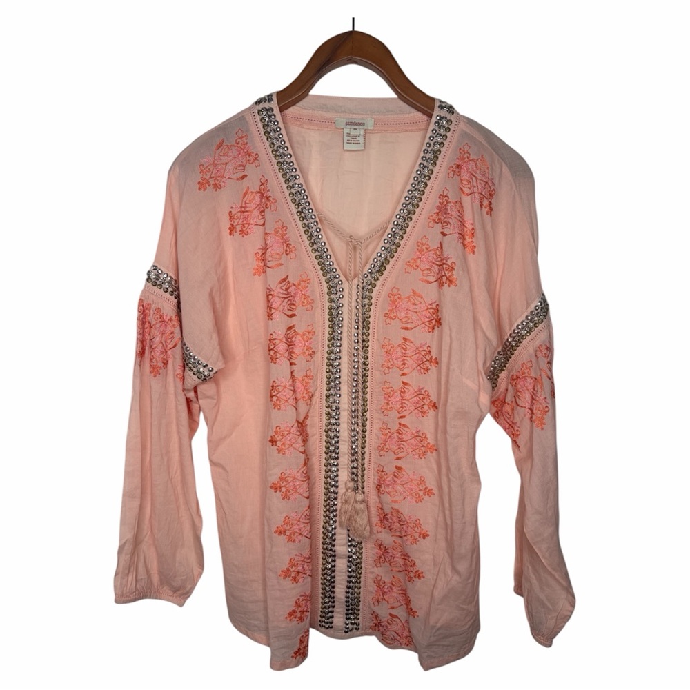 Sundance Tunic Boho Top Blouse  Embroidered Beaded  Orange Peach Size Medium.